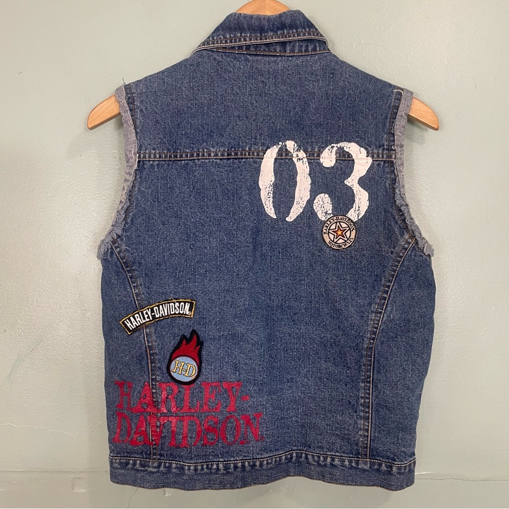 Harley Davidson Denim Jean Vest Button Blue Patches Size Large 14/16 - Picture 5 of 7